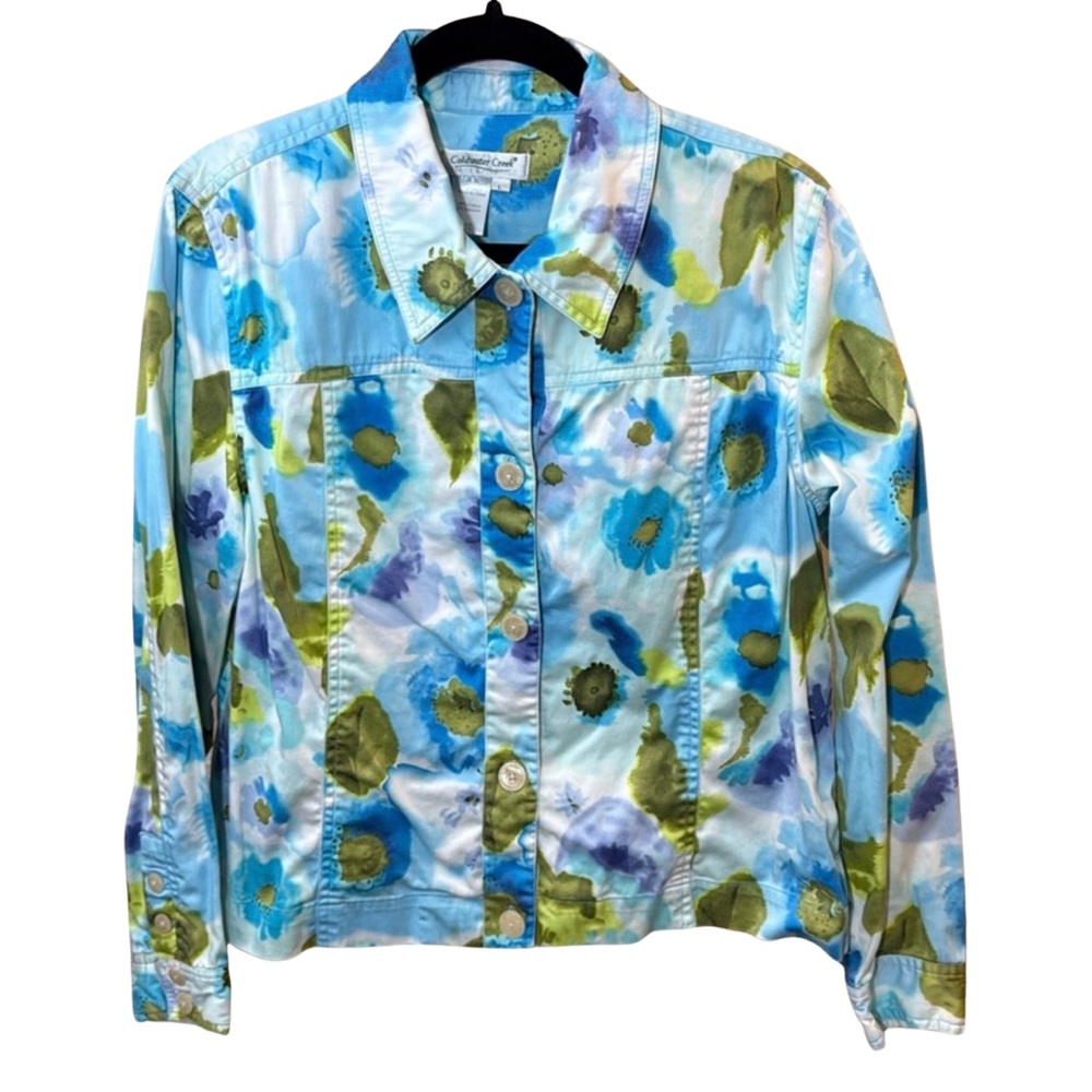 Coldwater Creek Blue Green Floral Watercolor Button Up Jacket Large Stretch